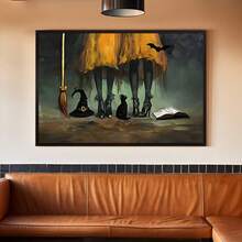 1 Pc Canvas Painting,Halloween Canvas Posters, Modern Art, Retro Halloween Poster Decorations, Witch Pictures, Black Cats, Witch Hats, Book Decorations, Ideal Gifts For Bedrooms, Decorative Wall Art, Wall Decorations, Autumn Decorations, Room Decorations , Wooden Framed Art,High Quality ,Thickness 2. 25cm/1inch Wall Art Prints Poster Direct Hanging Decor For Home Gifts,Living Room, Bathroom, Bedroom, Kitchen,Bar,Office - 黑色 - 查看 1