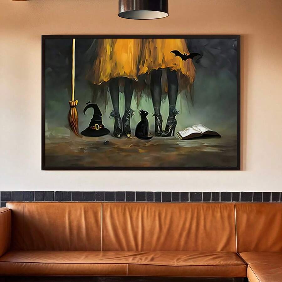 1 Pc Canvas Painting,Halloween Canvas Posters, Modern Art, Retro Halloween Poster Decorations, Witch Pictures, Black Cats, Witch Hats, Book Decorations, Ideal Gifts For Bedrooms, Decorative Wall Art, Wall Decorations, Autumn Decorations, Room Decorations , Wooden Framed Art,High Quality ,Thickness 2. 25cm/1inch Wall Art Prints Poster Direct Hanging Decor For Home Gifts,Living Room, Bathroom, Bedroom, Kitchen,Bar,Office - 黑色 - 查看 1