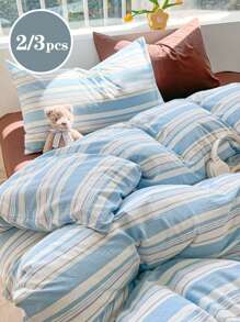 2/3件套浅蓝色条纹学生风超柔软纯色哑光被套枕套套装，床上用品，柔软亲肤被套，不含被芯，适用于双人床、大号床、特大号床，四季皆宜，涤纶材质，家居装饰礼品，可机洗，清新简约学生风被套，适用于双人床、大号床、特大号床、加州特大号床 - 藍白色 - 查看 1