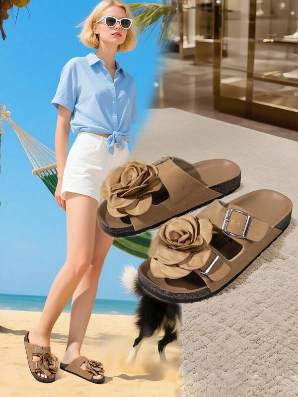 Cuñas con decoración de flores 3D, sandalias de mujer, pantuflas para mujeres, suelas negras tipo Birkenstocks para la playa, artículos esenciales para la playa, zapatos de vuelta al colegio para otoño, zapatos color borgoña