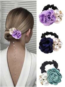 3个玫瑰花和仿珍珠发圈，韩版时尚弹力发绳，波西米亚风优雅发饰，适合女性，可用于派对、晚宴、拍照等场合，也可作马尾辫发圈或发绳头饰。