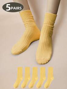 1 双/5 双芥末黄舒适柔软休闲简约浪漫成熟女性瑜伽运动中筒袜，秋季袜子 - 芥末黃 - 查看 1
