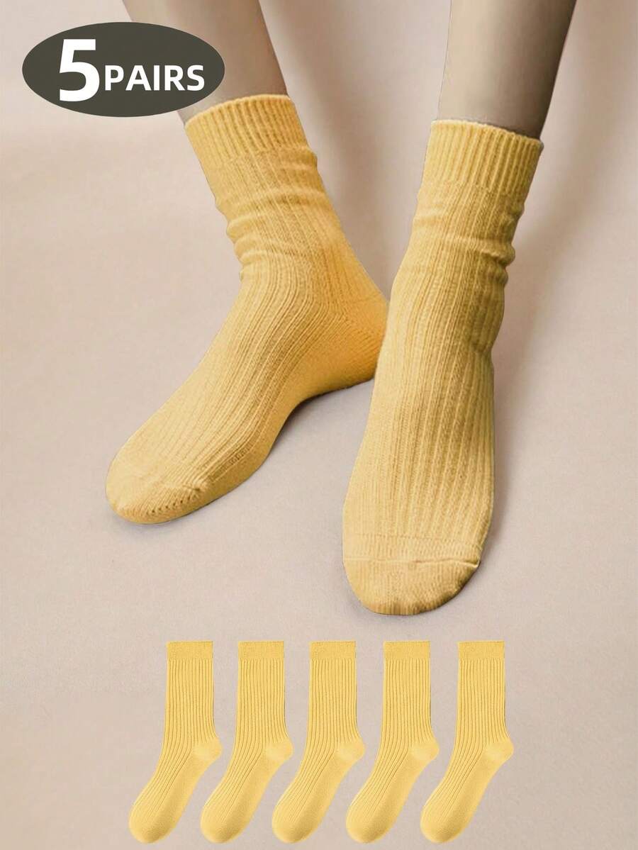 1 双/5 双芥末黄舒适柔软休闲简约浪漫成熟女性瑜伽运动中筒袜，秋季袜子 - 芥末黃 - 查看 1
