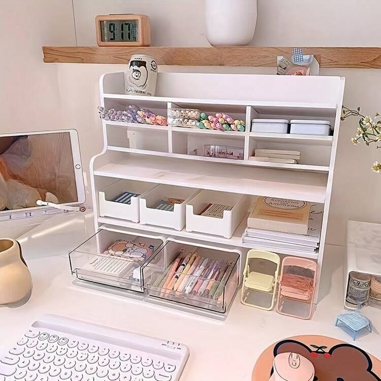 1 Piece Upgraded Thickened Multi-Tier Desktop Shelf, Durable Plastic Rectangular Desk Organizer With Multiple Compartments For Storing Stationery, Books And Cosmetics, Perfect For Dorms, Offices And Home Workspaces, Cosmetic Storage |Clean White Finish |Durable Plastic Shelf - 白色/大號 - 查看 1
