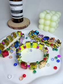 1 件混色立方水晶手链，富有弹性，欧美嘻哈风格，朋克时尚手镯 - 彩色 - 查看 1