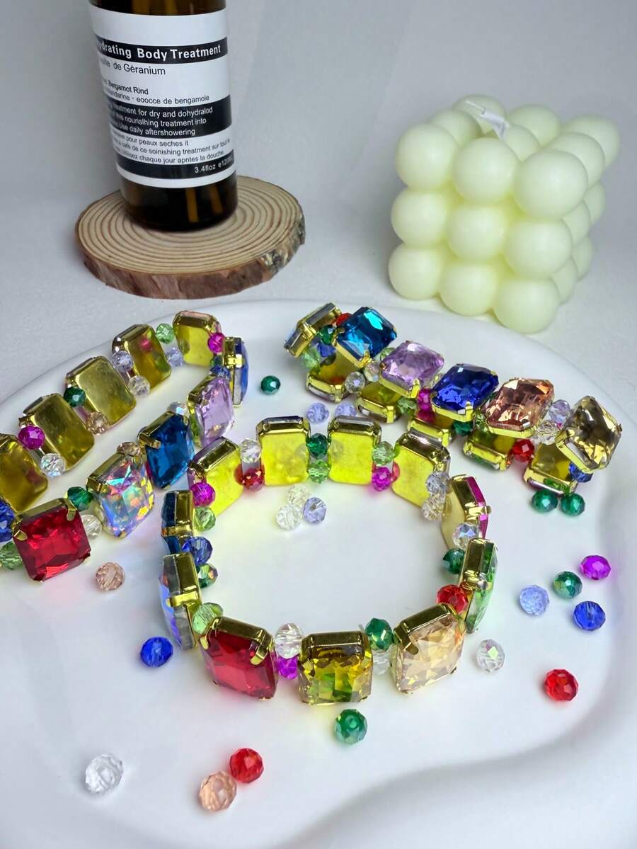 1 件混色立方水晶手链，富有弹性，欧美嘻哈风格，朋克时尚手镯 - 彩色 - 查看 1