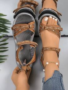 Women's Outdoor Sandals Beach Shoes, Contrast Color Strap With Hook And Loop, Massage Footbed, Dual-Color Anti-Slip Durable Outsole, Sports Sandals - Camel - View 6