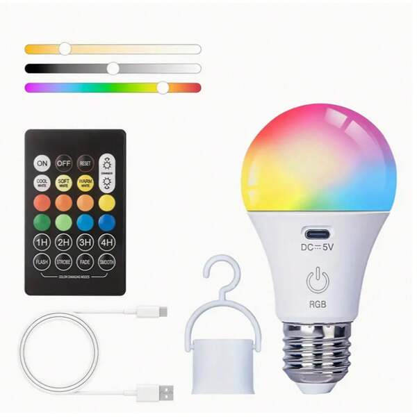 1Pc/2Pcs Rechargeable Color Changing Light Bulb With Remote Control, RGB Dimmable E26/E27 Indoor Decorative Lighting, Strobe Function For Home Party, Bedroom, Camping, Daily Home Lighting