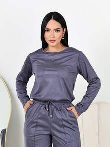 Women's Winter Set: Wide Leg Pants And Long Sleeve Suede Top, Elegant And Comfortable - Xám - Xem 6