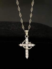 1 件闪亮不锈钢链金色皇冠十字架铜和锆石吊坠项链适合女士时尚街头派对珠宝宗教基督教礼物黄金首饰 - 彩色 - 查看 5