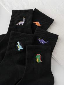 10 đôi tất dài đến bắp chân họa tiết khủng long, khủng long bạo chúa, khủng long Brachiosaurus thêu ngẫu nhiên cho nữ, thích hợp mặc thường ngày, tất mùa thu - màu đen - Xem 3