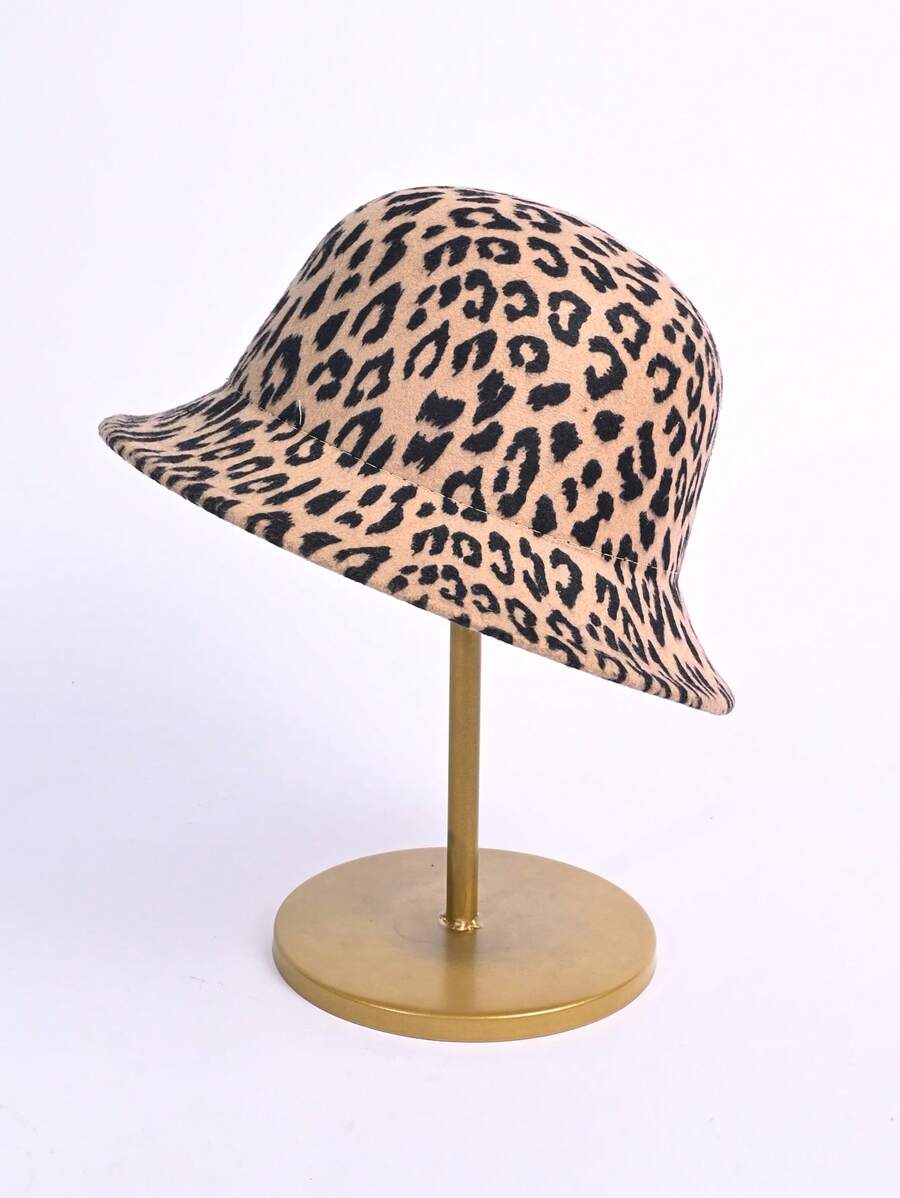 1 件女士豹纹渔夫帽，新款羊毛法式复古圆顶渔夫帽，适合户外和日常使用，四季高顶礼帽 - A - 查看 1