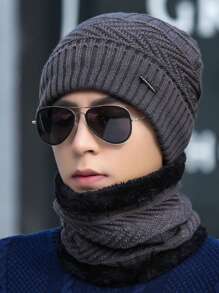 1 Set Women Outdoor Solid Color Fleece Lined Knit Beanie Hat & Scarf, Unisex Suitable For Outdoor, Street, Daily Use, Fashion Versatile Knitted Hat, Ideal Gift (Random Black Fuzzy Scarf)