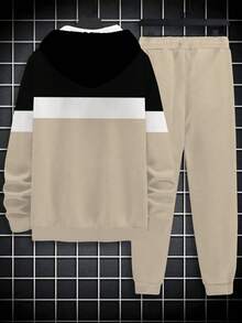 ZhuYa Popular "Old K Pattern And Contrast Striped" Matching Plus Size Men's Hoodie Set, Spring Autumn Winter Sports 2 Pieces Set - Ins Style Plus Size Loose Fit Comfortable Loose Hoodie + Drawstring Sweatpants, Street Hip Hop Versatile