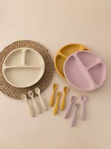 PopLittleOne 4PCS Baby Silicone Tableware Sets Suction Baby Dishes Soft Kids Utensils Feeding Training Baby Meal Tray Non-Slip Three-Frame Plate For Boy Girl - Multicolor - View 5