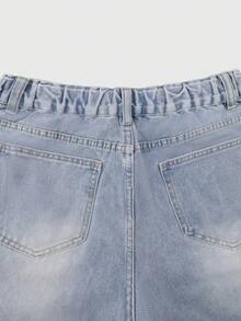 复古低腰做旧牛仔短裤，斜插口袋设计，返校季必备单品 - 淺藍色 - 查看 4