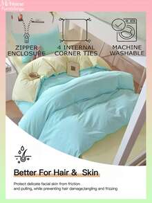 3pcs Skin-Friendly Light Blue & Light Yellow Student Dormitory Bedding Set, 1 Duvet Cover, 2 Pillowcases, No Filling, Machine Washable - Baby Blue - View 2