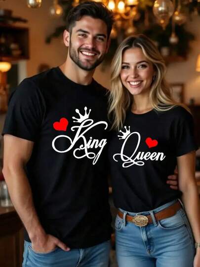 Conjunto de Pareja, con Diseño de Letras Rey y Reina, Perfecto para el Día de San Valentín. Disponible en Varios Colores y Tallas S-XXL, Vendido Individualmente,% Algodón