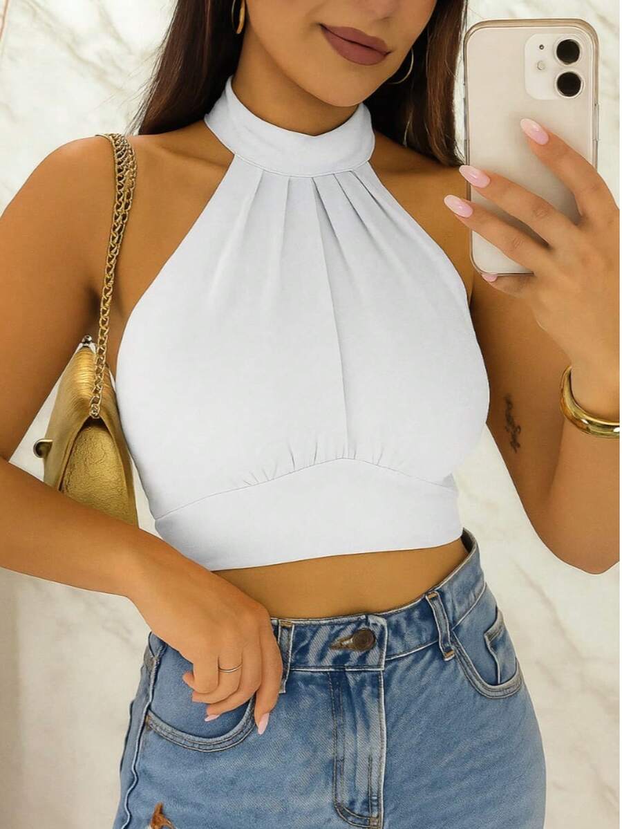 Women's Halter Neck Crop Top With Ruched Back And Tie In Duna Fabric - Summer 2025 - 白色 - 查看 1