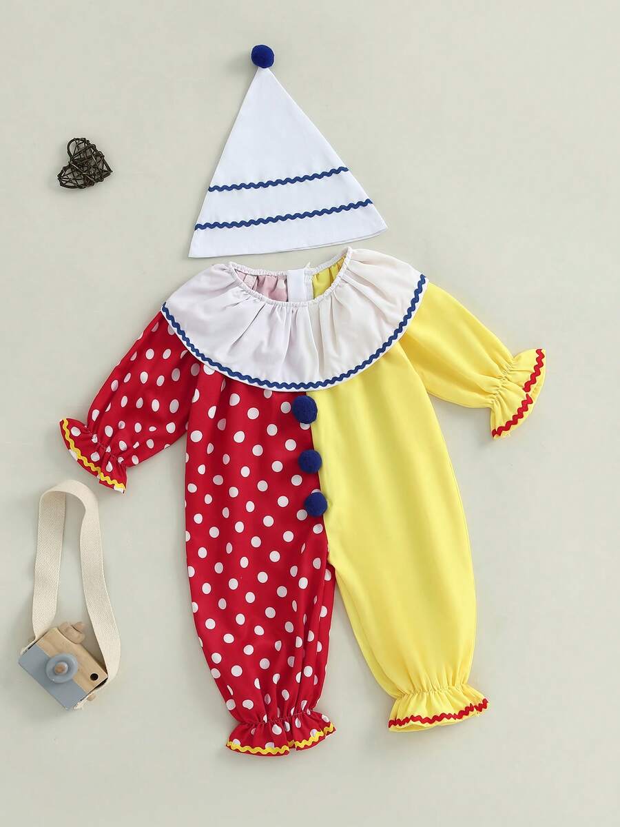 0-5 Years Kids Toddler Baby Boy Girl Clown Costume Halloween Outfits Contrast Color Long Sleeve Jumpsuit And Hat 2Pcs Clothes Set Funny Clown Dress Up Cosplay Costume - 紅色 - 查看 1