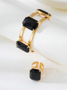 1 Bộ trang sức nhẫn và vòng tay nửa vòng đính ngọc trai khảm kim loại phóng đại, quà tặng - Đen - Xem 4