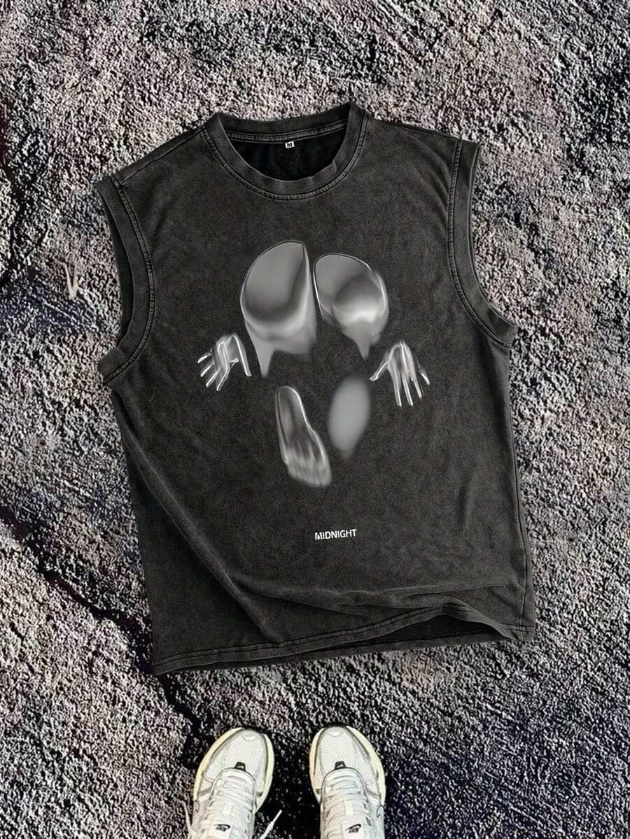 男士休闲无袖复古水洗圆领背心