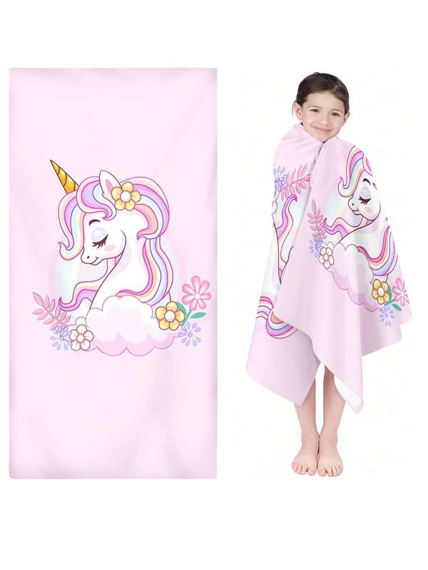 1 PIEZA Toalla de playa exclusiva de unicornio rosa para niñas pequeñas, hecha de tela de poliéster con impresión digital, lavable a máquina, portátil y plegable. Es un regalo para las vacaciones en la playa de las niñas.