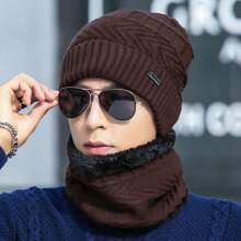 1 Set Women Outdoor Solid Color Fleece Lined Knit Beanie Hat & Scarf, Unisex Suitable For Outdoor, Street, Daily Use, Fashion Versatile Knitted Hat, Ideal Gift (Random Black Fuzzy Scarf)