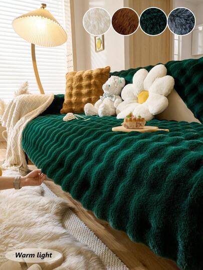 1pc Cream Plush Rabbit Sofa Cushion, Thickened Anti-Slip Sofa Cover, Suitable For Home, Living Room, Bedroom, Office, All Season Universal