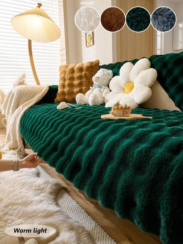 1pc Plush Rabbit Fur Sofa Cushion Cover, Thickened Sofa Protector, Non-Slip Sofa Slipcover, Suitable For Home, Living Room, Bedroom, Office, 4 Seasons