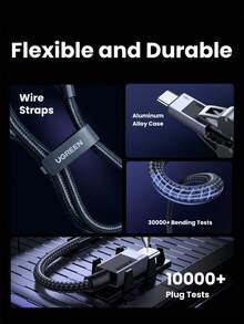 UGREEN Uno 100W Type C Fast Charging Cable E-Marker Compatible With Iphone 16 15 Series Sam Sung S24 S23 Ultra IPad Pro Switch Compatible With IPhone 16, 16 Pro Max, 15, 15 Plus, 15 Pro, 15 Pro Max, Compatible With Redmi, Compatible With OnePlus Charger - Black - View 9