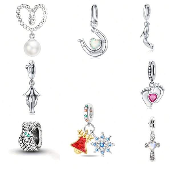 1pc 925 Silver Plated Heart-Shaped Foot Christmas Deer Bell Snowflake Pendant Snake Shaped Bead Charm Fit Original Women's Snake Bones Bracelet DIY Jewelry Valentine's Day Gift