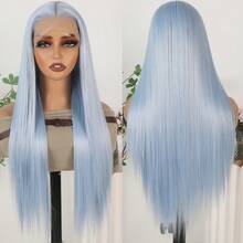 13X4 Free Part Blue Lace Front Wigs 26 Inch Pre Plucked Long Straight Hair Wigs Glueless Soft Light Blue Colored Wigs Heat Resistant Long Blue Straight Synthetic Lace Front Wigs For Fashion Women For Daily Christmas Party Cosplay Use - 霧霾藍 - 查看 4