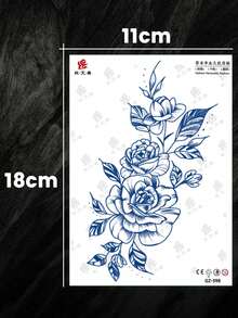 1张性感手臂临时纹身贴纸，防水防汗哑光素描玫瑰花卉图案，外观自然，可持续长达2周，易于粘贴，适用于胸部、腿部、背部、大腿，男女通用，适合日常、旅行、海滩、身体彩绘装饰、DIY礼物 - 藍色 - 查看 7