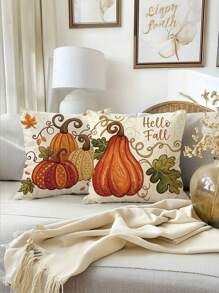 2 件乡村风秋季南瓜抱枕套短毛绒涤纶拉链靠垫套，带有秋叶和“Hello Fall”文字，适用于门廊、露台、沙发、客厅室内/室外装饰（无插入物），秋季家居装饰