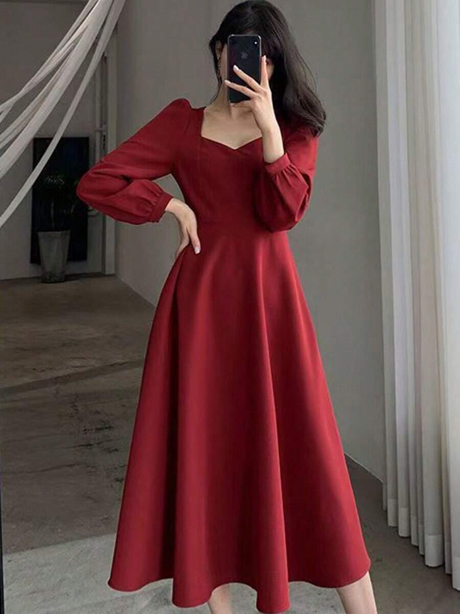 Vestidos largos de mujer Hepburn vintage cuello en v largo temperamento vestidos largos - Rojo - Ver 1