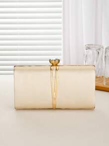 Women's Evening Clutch Bag, Bride Wedding Gold Satin Fashion Metal V-Shaped Decoration Wallet, Detachable Metal Chain Shoulder Bag For Wedding Party, Multi-Function Shiny Handbag For Cocktail Party Wedding Purse