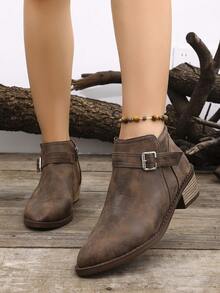 Botas de tobillo con diseño de hebilla estilo occidental, cremallera lateral y tacón bajo para mujer; Nuevo lanzamiento de otoño 2025, moda versátil, adecuado para primavera y otoño, uso diario, atuendo de fiesta, botas Chelsea