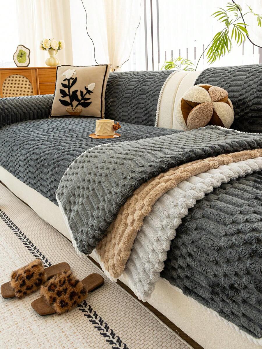 1pc Thick Plush Solid Color Sofa Cushion Cover, Non-Slip Washable, Modern Minimalist Home Decor Pet-Friendly, Soft & Comfortable Furniture Protector Pad For Bedroom, Office, Living Room (Excluding Backrest, Armrest, Pillow Cover)