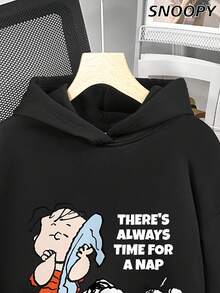 There's Always Time For A Nap   Minimalist Women's Casual Sweatshirt With  Puppy Comic Print Crewneck Loose Knit, Fall, Winter - Black - View 2