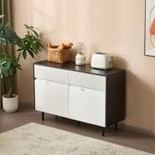 Mobiletto di archiviazione da 120 cm con cassetti scanalati, design bianco e nero, ripiani regolabili, 2 ante, credenza-buffet, organizer per cucina, soggiorno, sala da pranzo