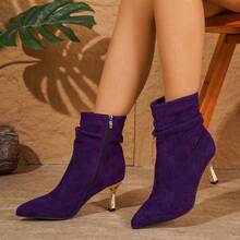 A Pair Of Ladies' Pointed Thin High-Heeled Short Boots, With Pointed Golden Heels That Exude An Elegant And Noble Temperament. The Colors Are Vibrant And Fashionable, Making It A Must-Have For Fashionistas And Suitable For Daily Gatherings, Banquets, And Parties - Màu tím - Xem 6
