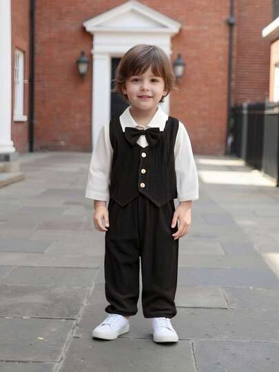 Baby Boys Autumn 3Pcs Pants Sets Long Sleeve Lapel Button Romper Waistcoat Suspender Pants Sets