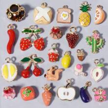 2 piezas/15 piezas/24 piezas Lindos dijes de aleación de zinc esmaltados con diseños 3D realistas de comida, animales, frutas, pasteles, sandía, corazón, cereza, chile, ideales para manualidades y elaboración de joyería