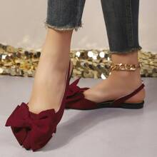 Women's Fashion Cute Burgundy Bow Decor Adjustable Flat Pointed Toe Sandals