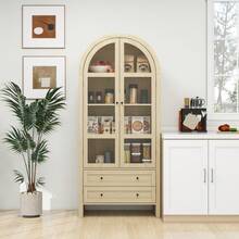70.28" Tall Arched Kitchen Pantry, Arched Storage Display Cabinet With 2 Adjustable Shelves,Rattan Door Versatile Storage Cabinet For Kitchen, Dining Room, Living Room    RR