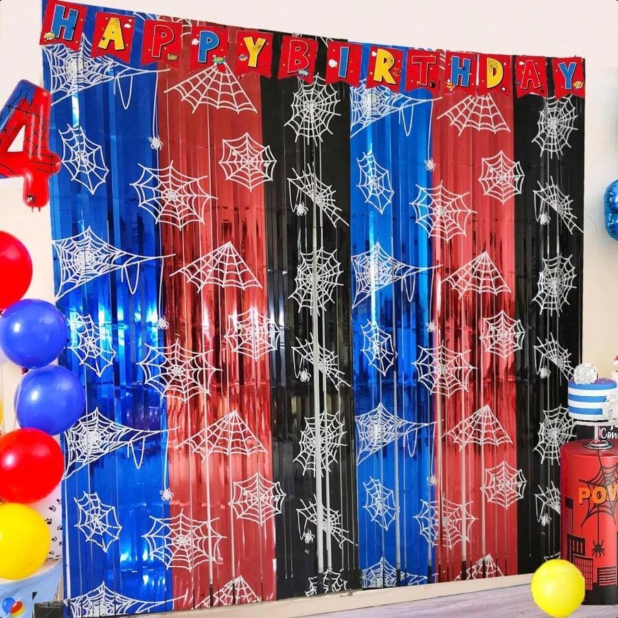 Spider Web Birthday Decorations 2 Pack Spider Party Supplies 3.3x6.6ft Red Blue And Black Spidey Tinsel Foil Fringe Curtains Backdrop Red And Blue Streamers Spider Theme Party Decorations - BlueRedandBlack - View 1