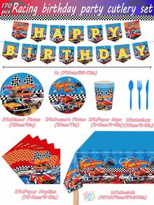 170pcs Hot Birthday Decorations Tableware Racing Car Theme Party Supplies Set Include Happy Birthday Banner, Plates(350g Thick Paper),  Napkins, Cups, Forks, Spoons, Knives And Tablecloth Kit For Serve 24 - 彩色 - 查看 2