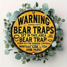 1 pieza Señal de advertencia de trampa de oso plana 2D, vintage - Arte de pared metálico redondo de 8x8 pulgadas con diseño rústico amarillo y negro, adecuado para el hogar, jardín, cocina, bar, cafetería, restaurante, garaje, decoración de habitaciones - Estilo de agujero aleatorio