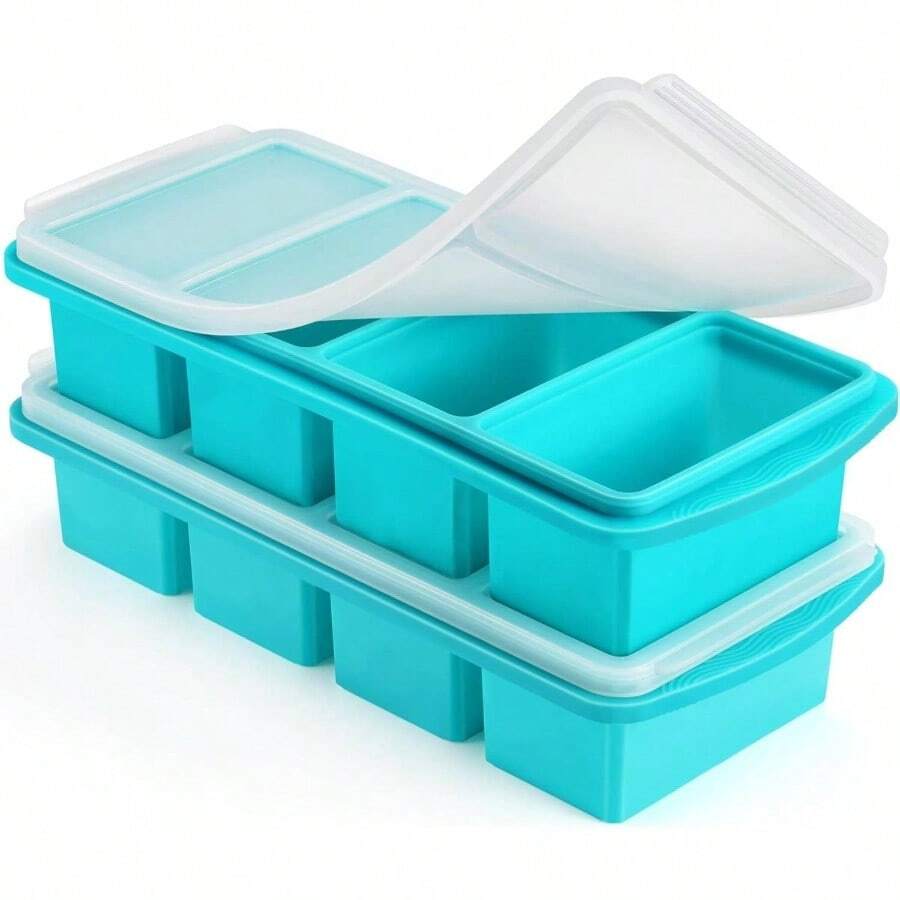 Silicone Freezer Tray With Lid  1 Cup Silicone Food Freezer Tray  Large I Cube Freezer Molds  Soup, Sau, Leftovers, Homemade Meal Prep Freezing Kitchen Storage Containers  Aqua  2Pack